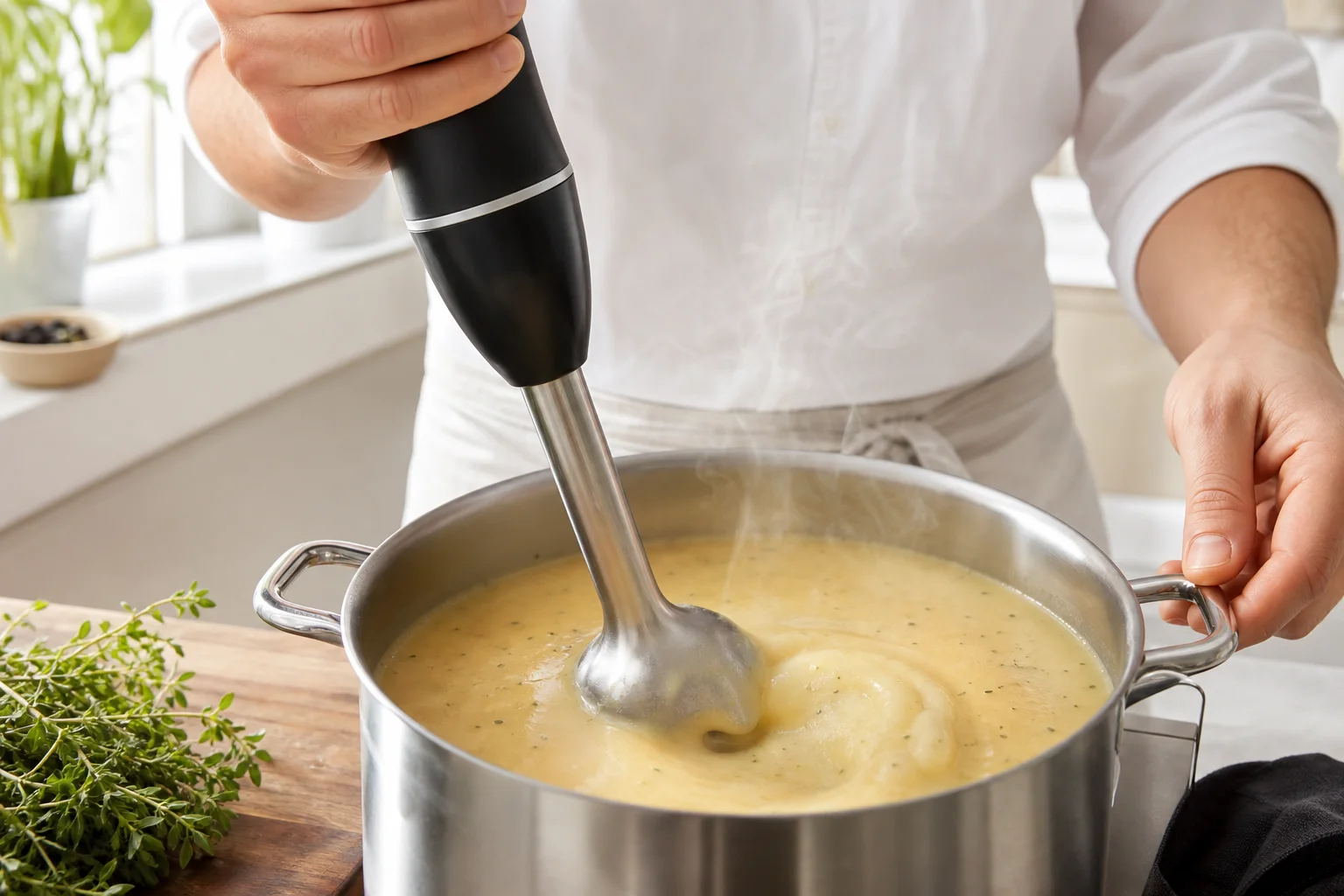 Koch bereitet Suppe in einem Edelstahltopf mit einem Stabmixer zu