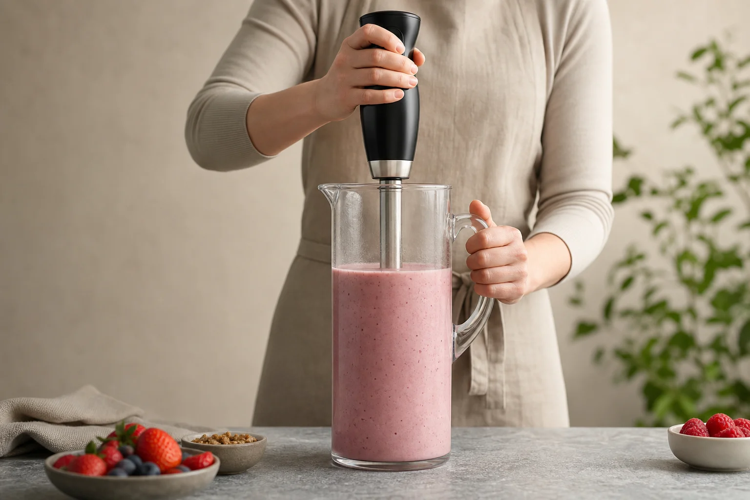 Langer Stabmixer, der in einen tiefen Krug mit Smoothie eintaucht