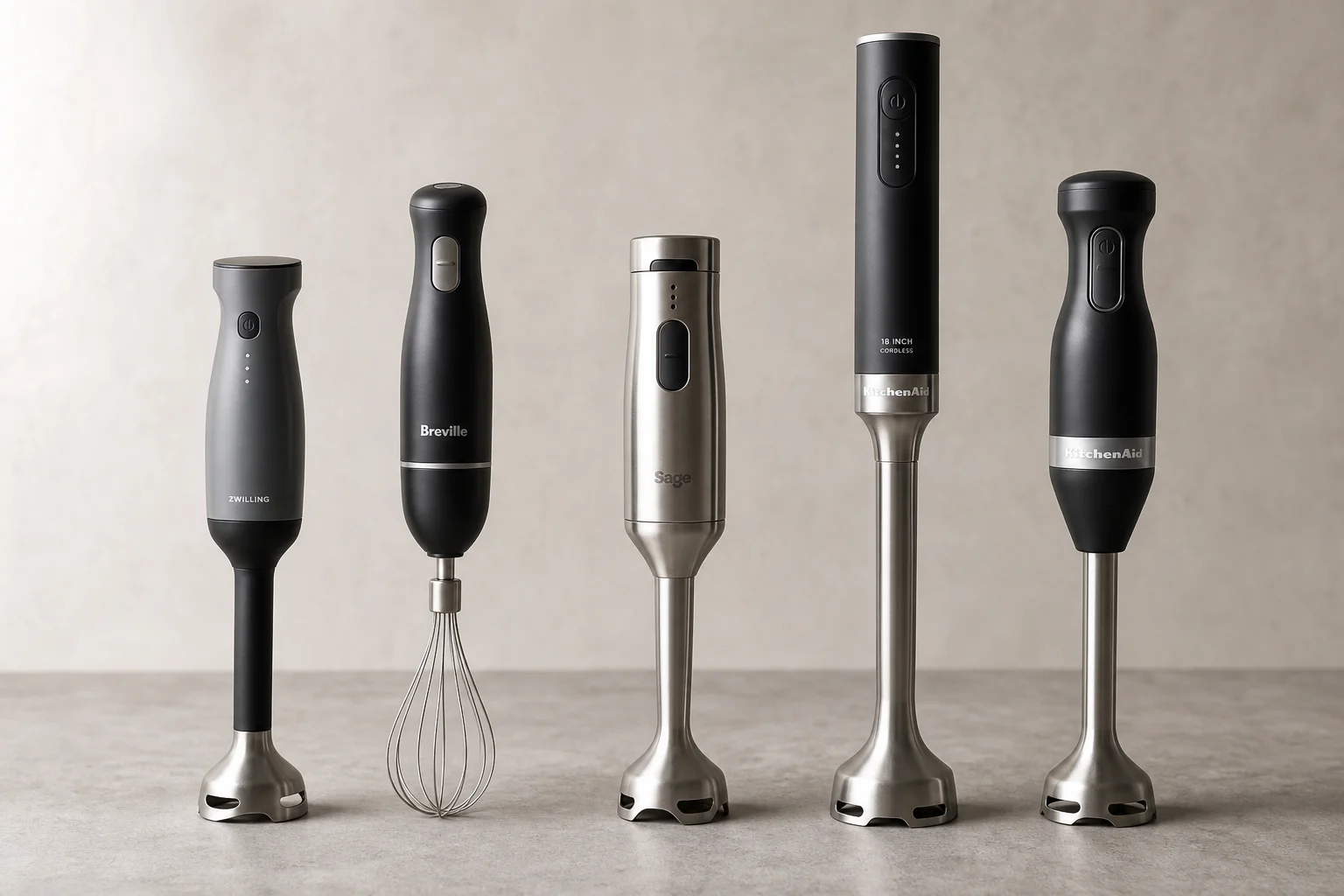 Five cordless immersion blenders arranged in a row on concrete surface
