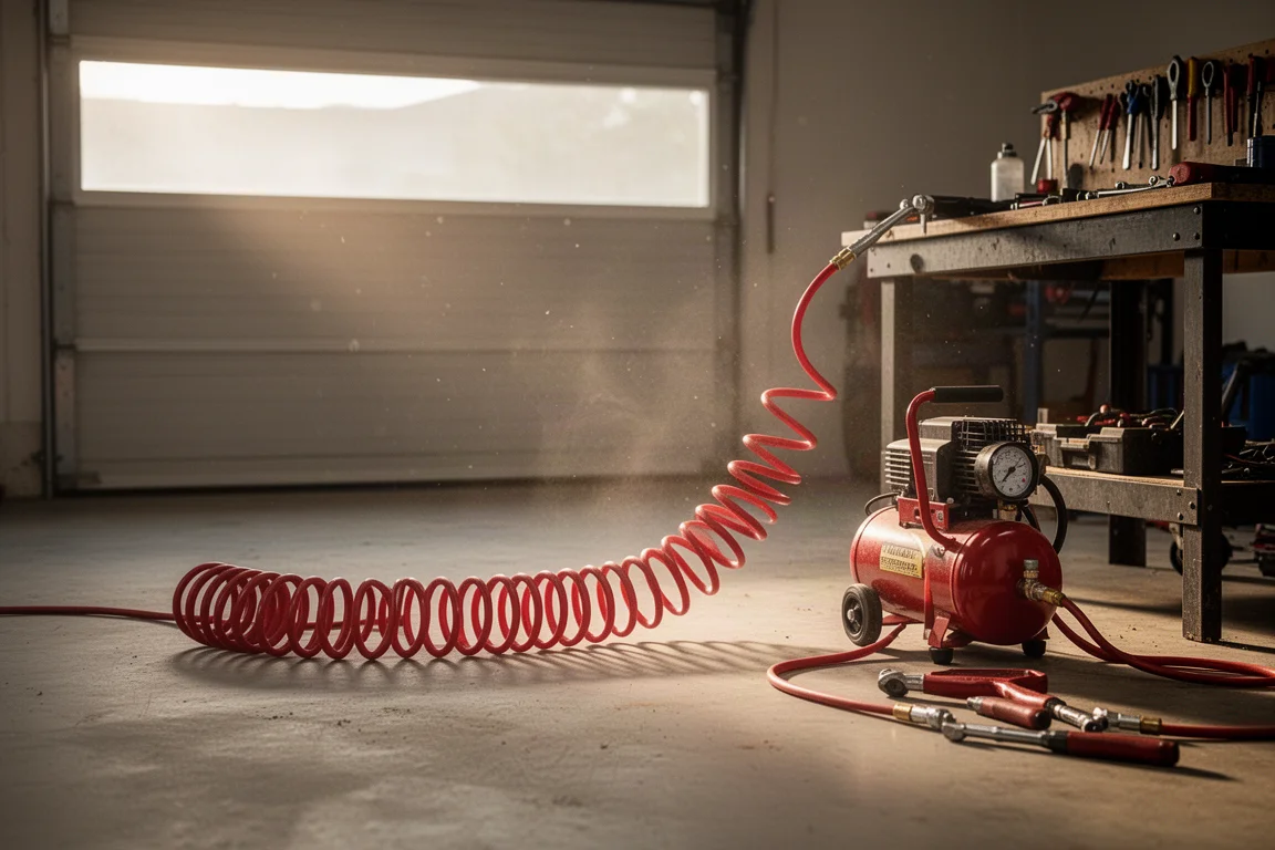 Manichetta del compressore d'aria collegata in un garage al crepuscolo