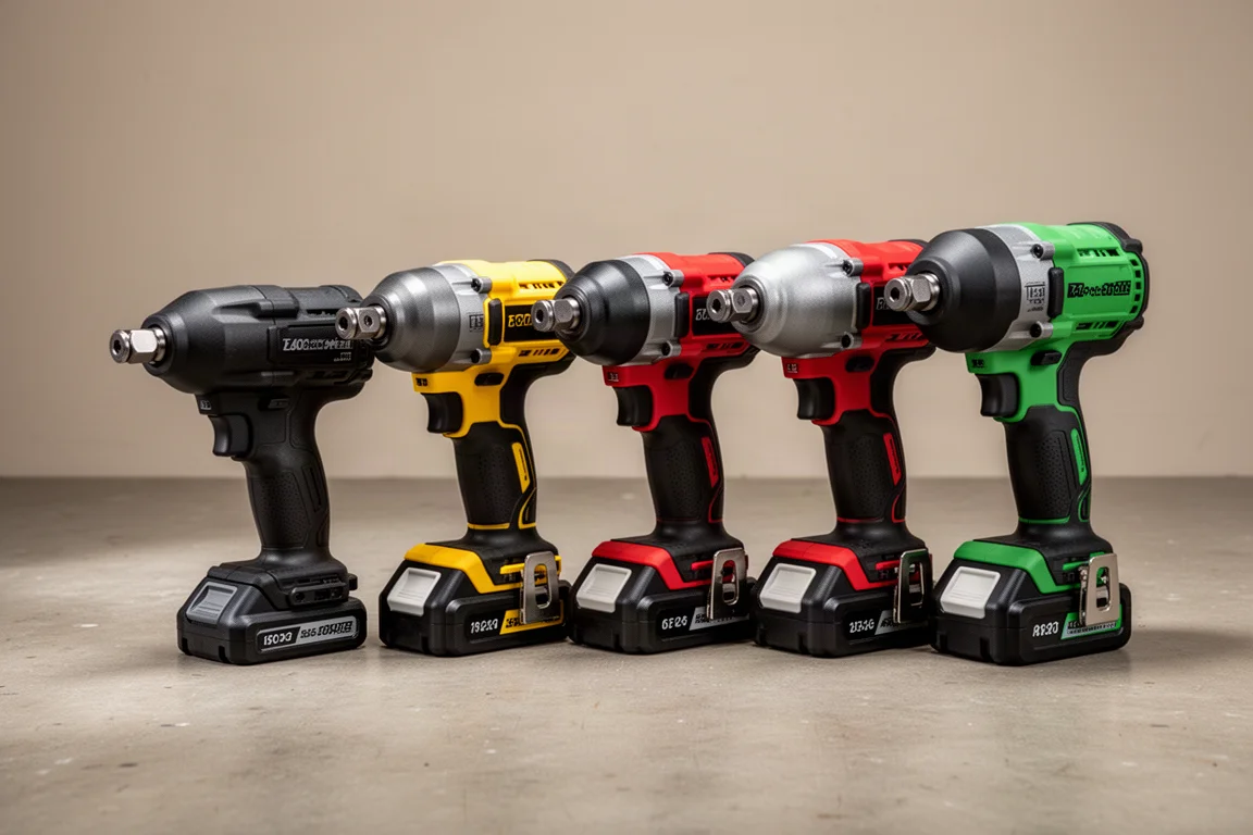 Lineup of cordless impact wrenches in various sizes on a concrete workshop floor