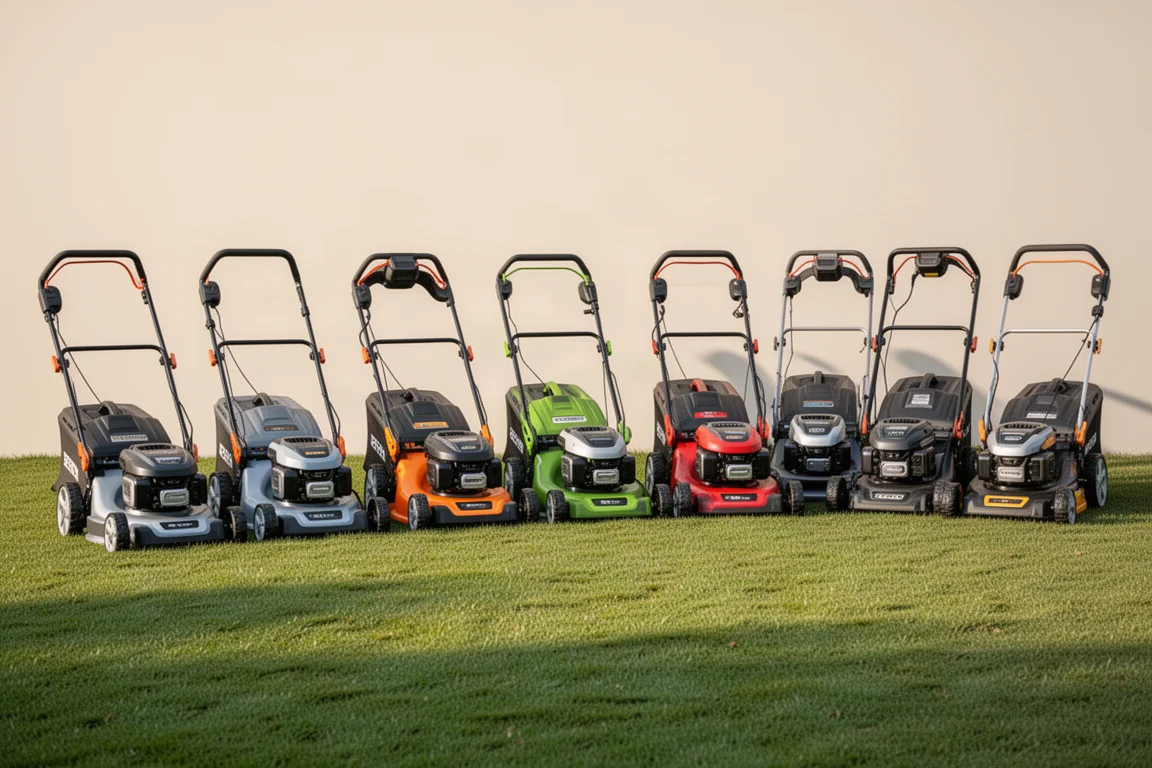Row of cordless lawn mowers lined up on a lawn for comparison
