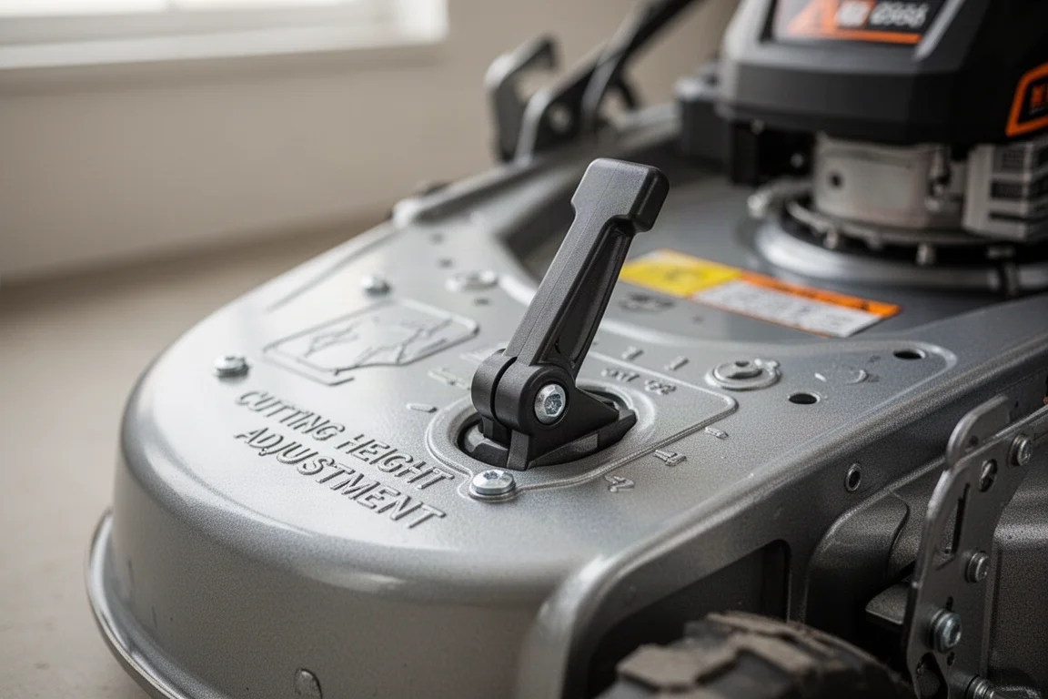 Close-up of a single-point cutting height adjustment lever on a mower deck