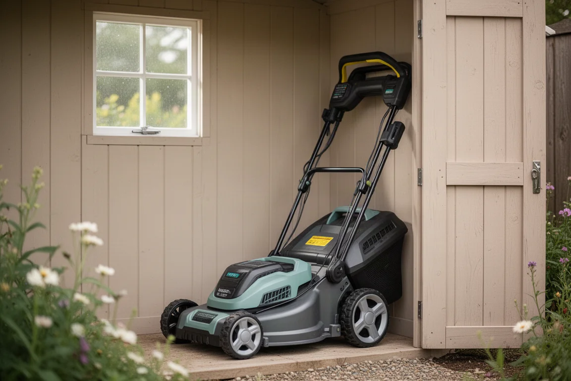 Cordless mower with folded handle stored upright in a compact shed