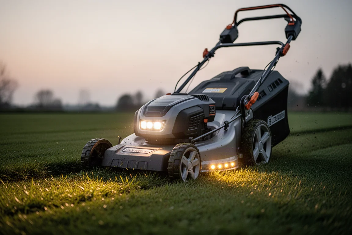 Cordless mower cutting a lawn at dusk with LED headlights illuminated