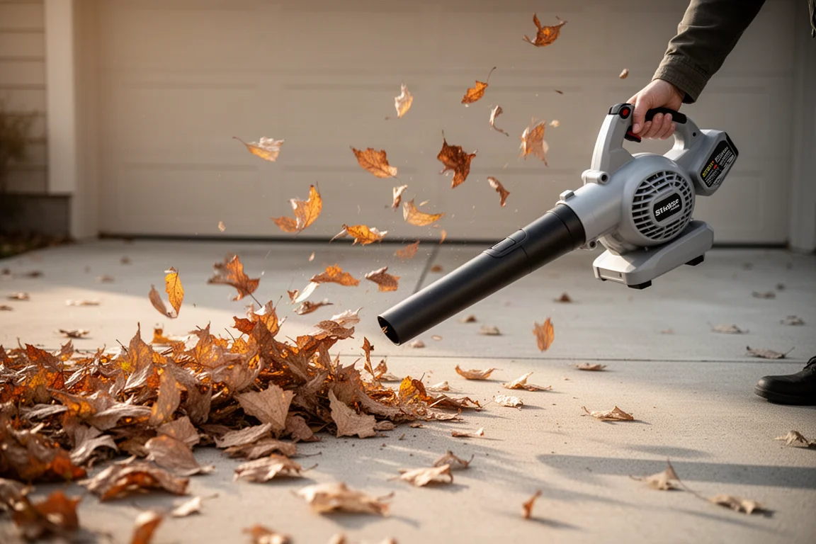 Laubbläser räumt eine Schicht trockener Herbstblätter von einer Betoneinfahrt