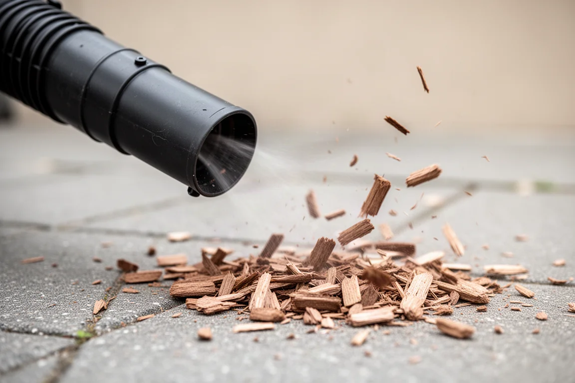 Nahaufnahme einer Laubbläser-Düse, gerichtet auf verstreute Holzspäne auf dem Pflaster