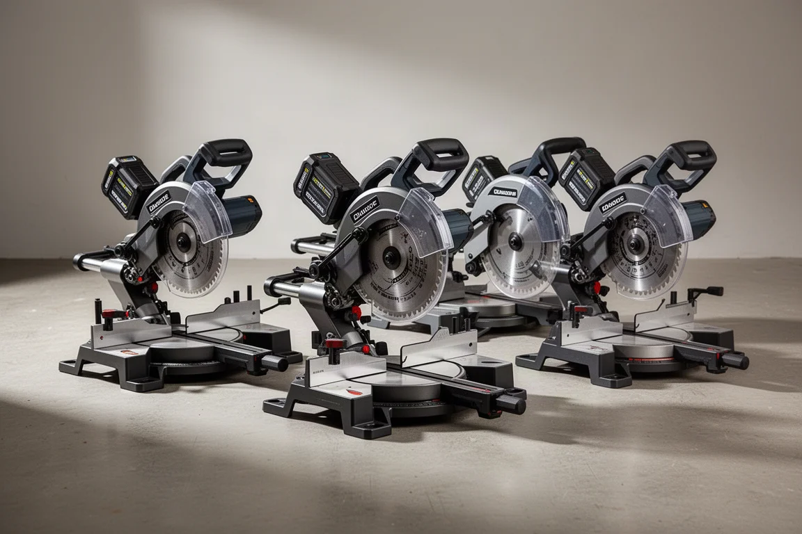 Four cordless miter saws lined up on a concrete workshop floor