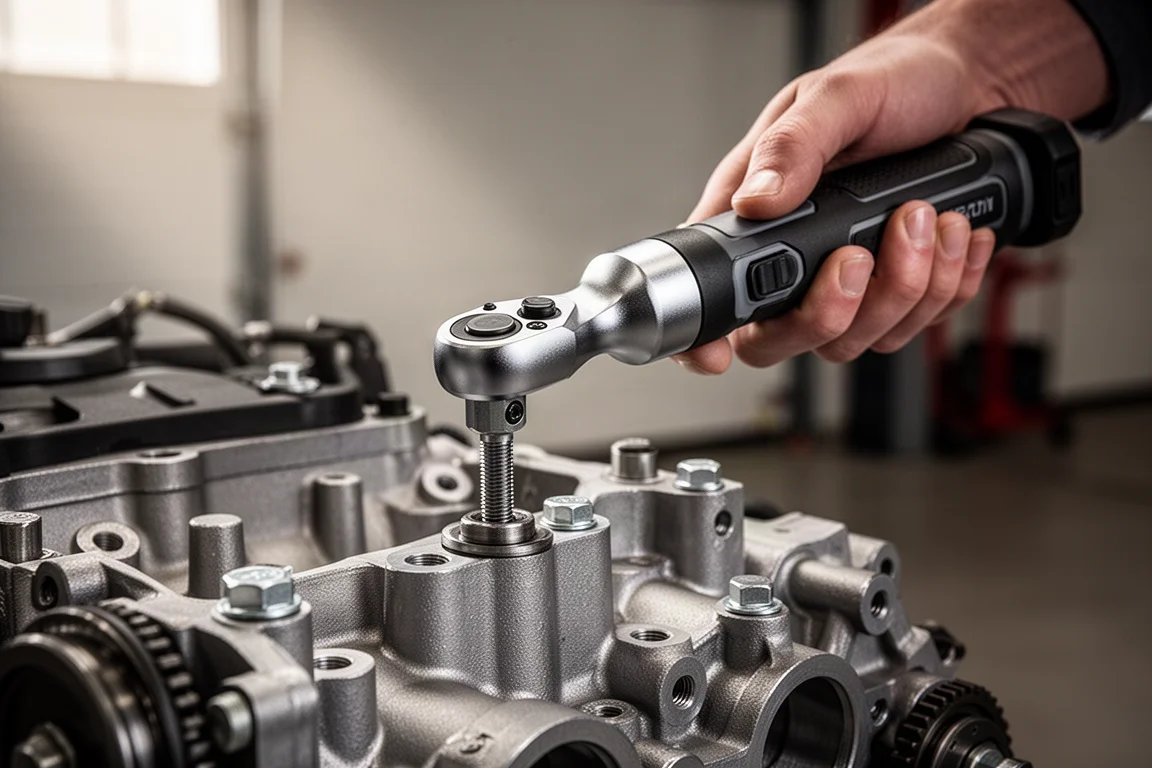 Accukraak die een bout losmaakt van een motorkomponent in een garageomgeving