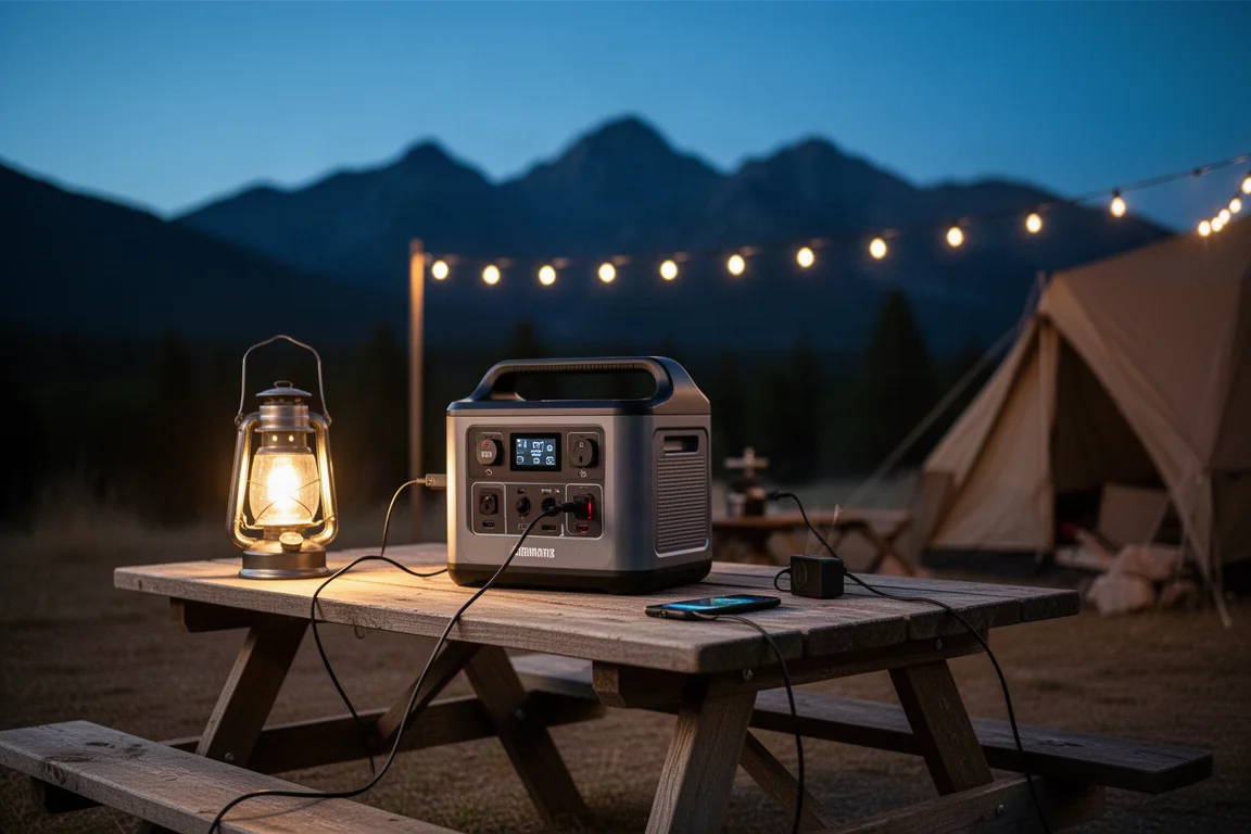 Kamerscène in de schemering met een draagbare powerstation die apparaten oplaadt op een picknicktafel