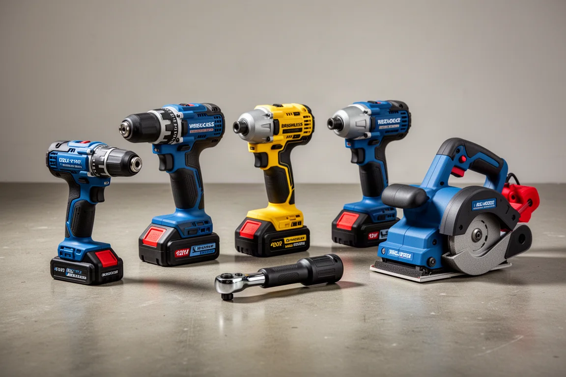 Lineup of cordless power tools including drills, a ratchet, and a sander on a concrete floor