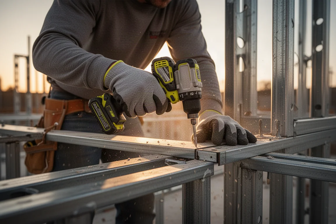 Professioneller Handwerker arbeitet bei Dämmerung auf einer Baustelle mit einem Akku-Werkzeug