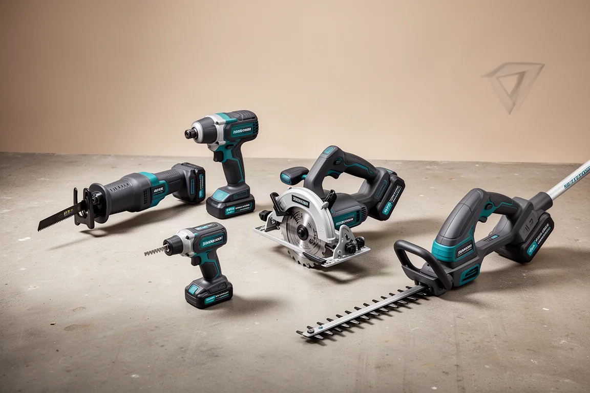 Cordless power tools lineup on a concrete workshop floor