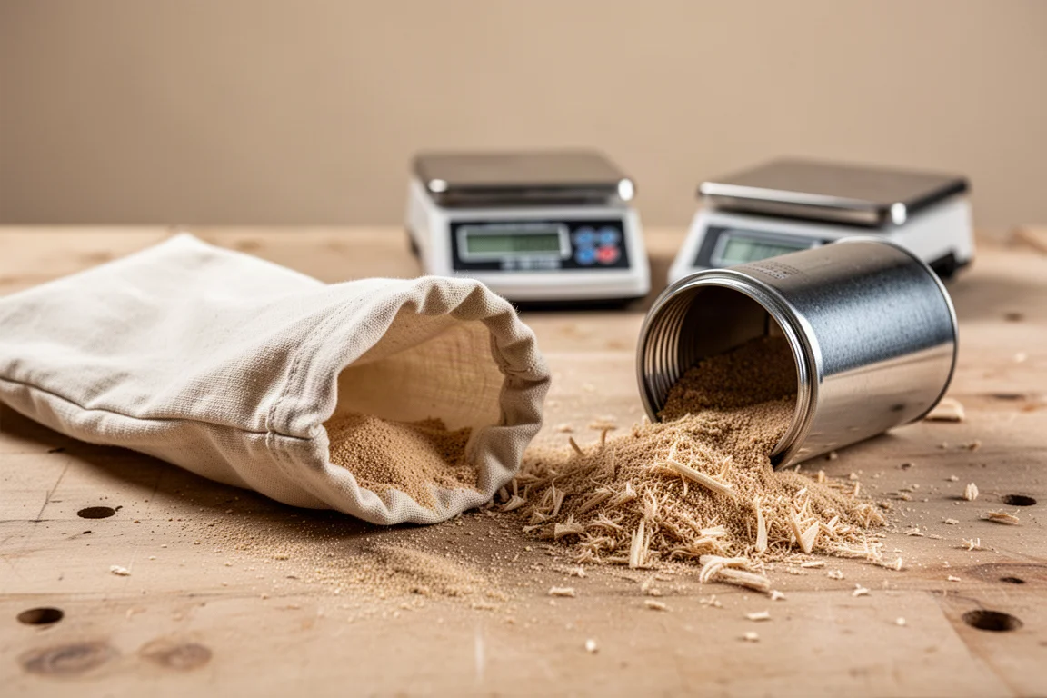 Sacchetto per polvere e trucioli di legno sparsi su un banco da lavoro sotto luce soffusa