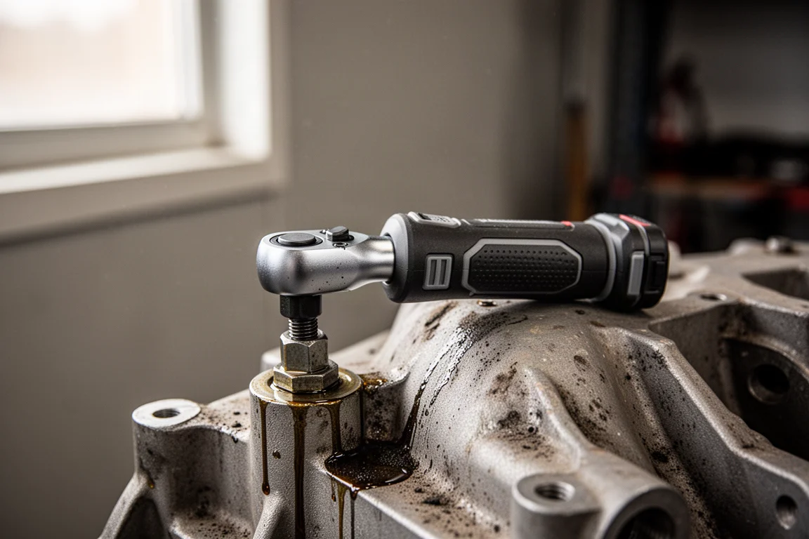 Ratchet sem fio compacto trabalhando em um parafuso em um compartimento de motor apertado
