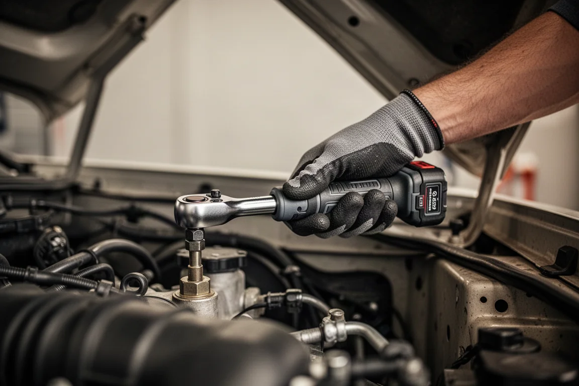 Bancada organizada com ratchet sem fio, soquetes e adaptador de torque