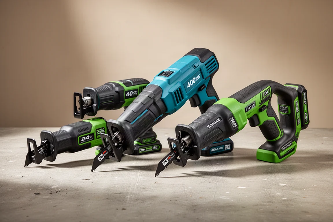 Three cordless reciprocating saws lined up on a concrete workshop surface