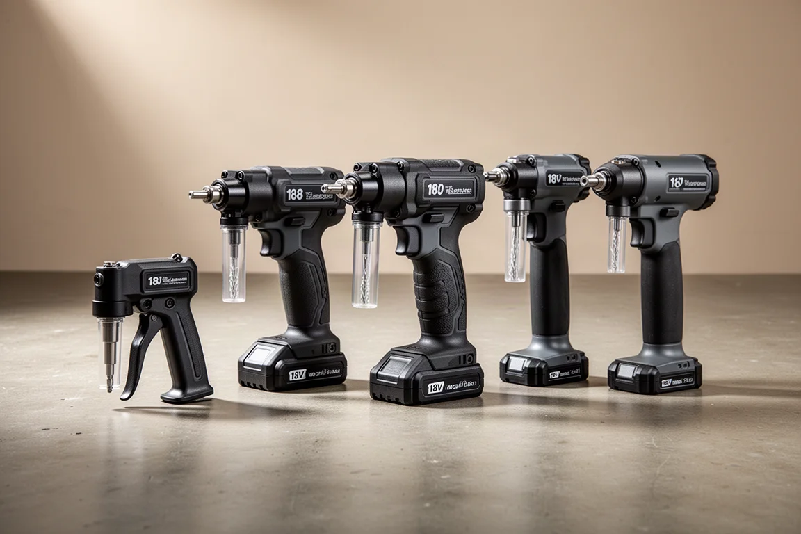 Five cordless rivet tools lined up on a concrete workshop surface