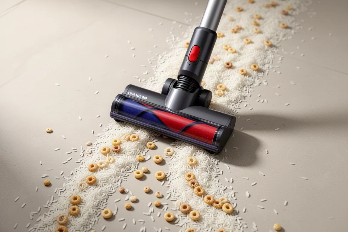 Um aspirador de palo coletando arroz e cereal de um piso liso