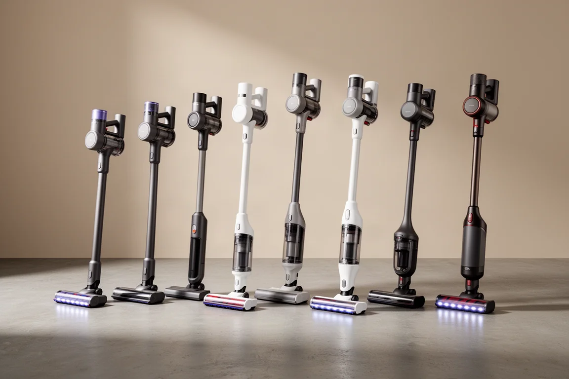 Lineup of eight cordless stick vacuums standing side by side on a concrete floor