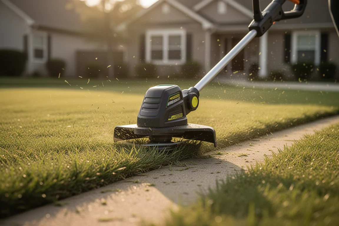 Battery string trimmer cutting a neat edge along a sunlit lawn