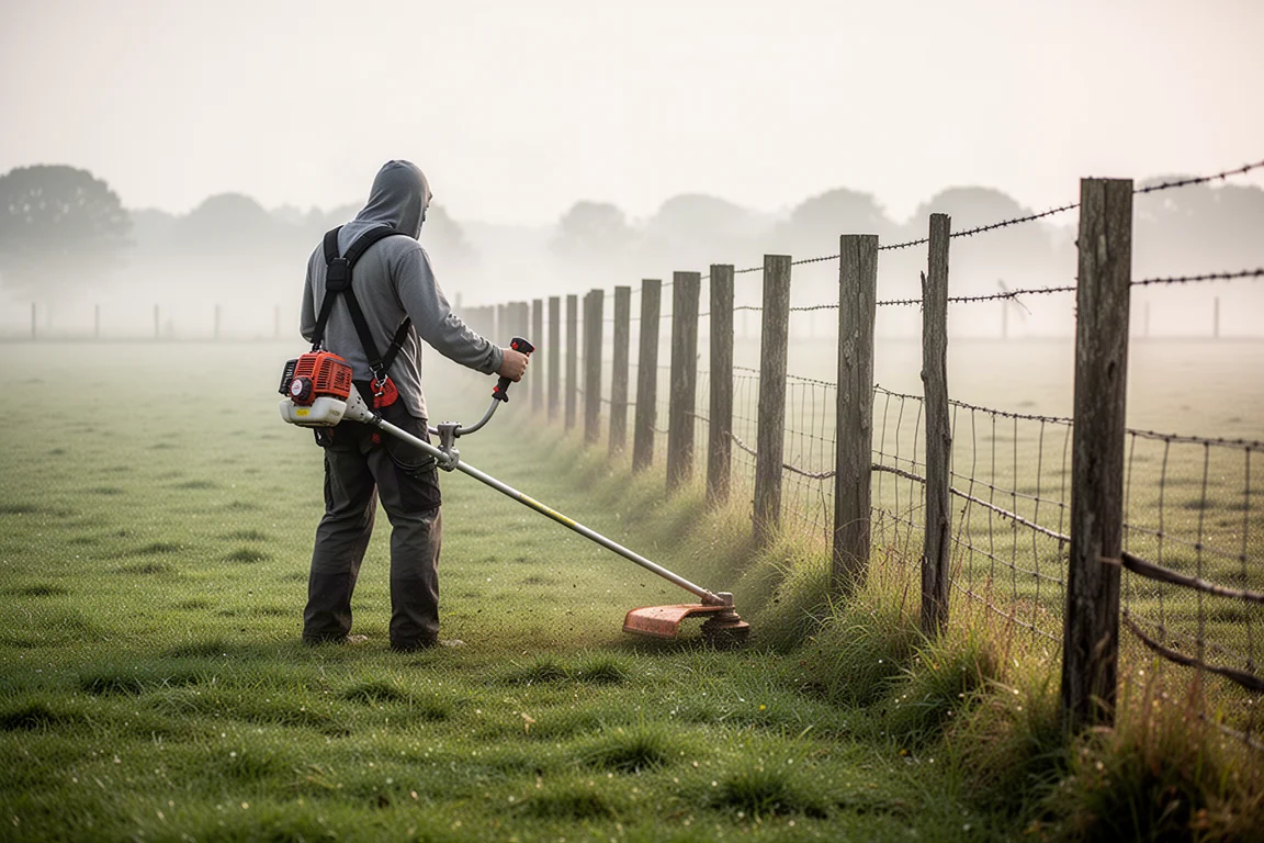 Bike-handle string trimmer trimming a long fence line on a large property