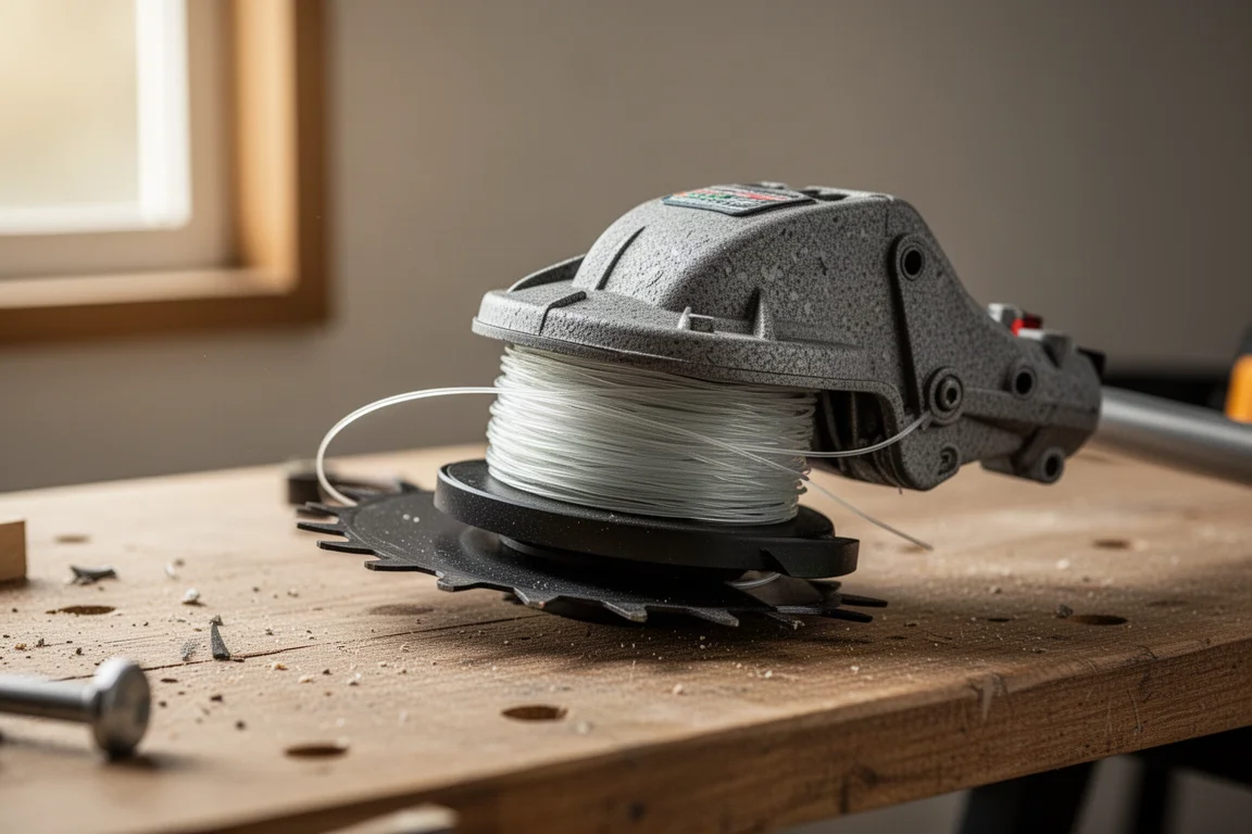 Close-up of a trimmer head being loaded with cutting line
