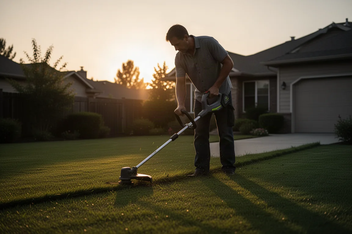 Homeowner finishing lawn trimming at dusk with a cordless trimmer