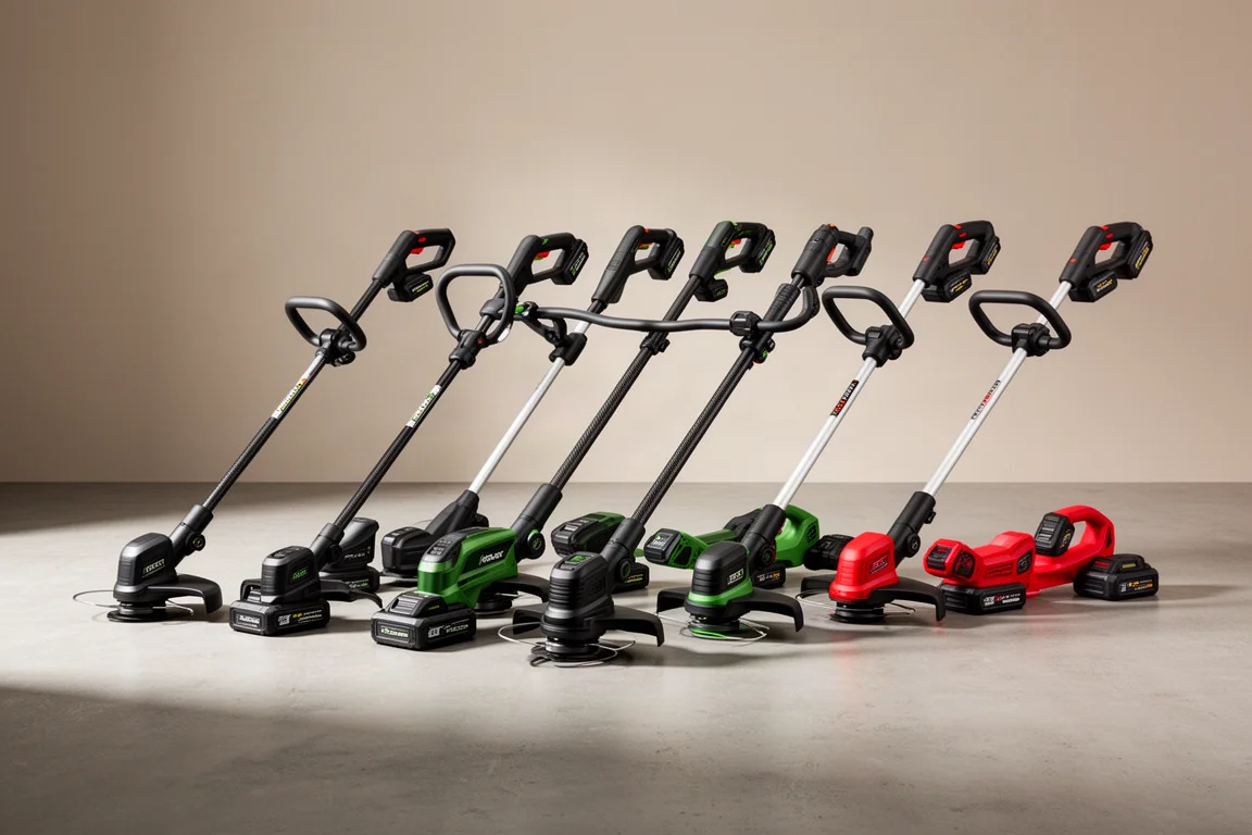 Row of ten battery-powered string trimmers lined up on a concrete surface
