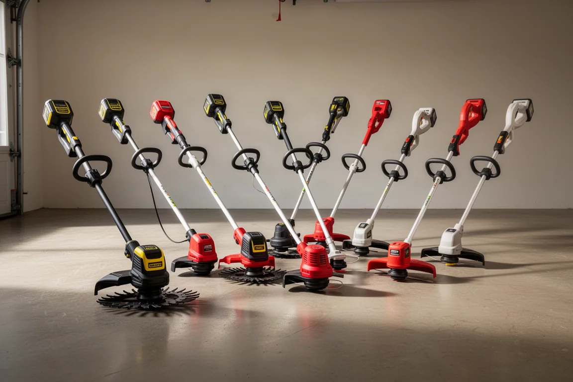 Row of cordless string trimmers from multiple brands on a concrete garage floor