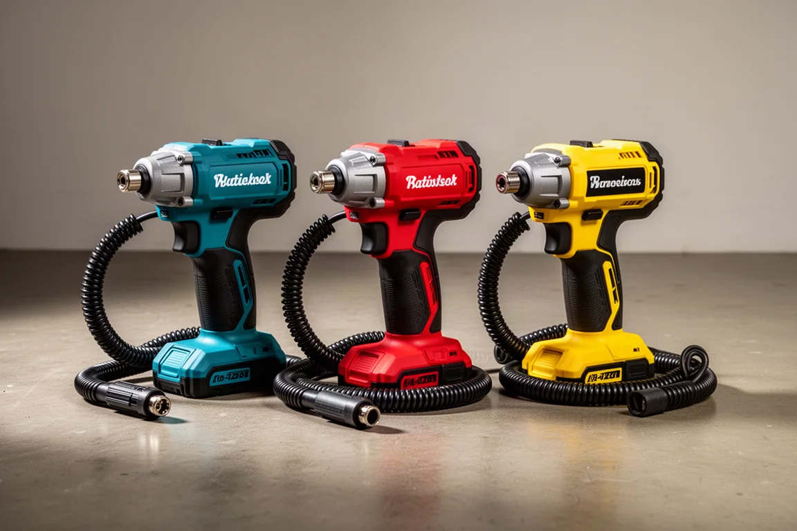 Three cordless tire inflators with hoses lined up on a concrete floor