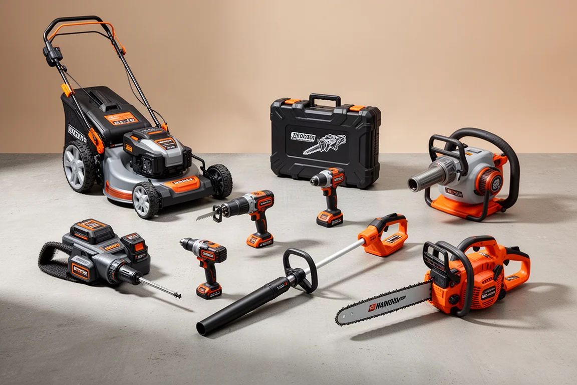 Assortment of cordless power tools and yard equipment arranged on a concrete surface