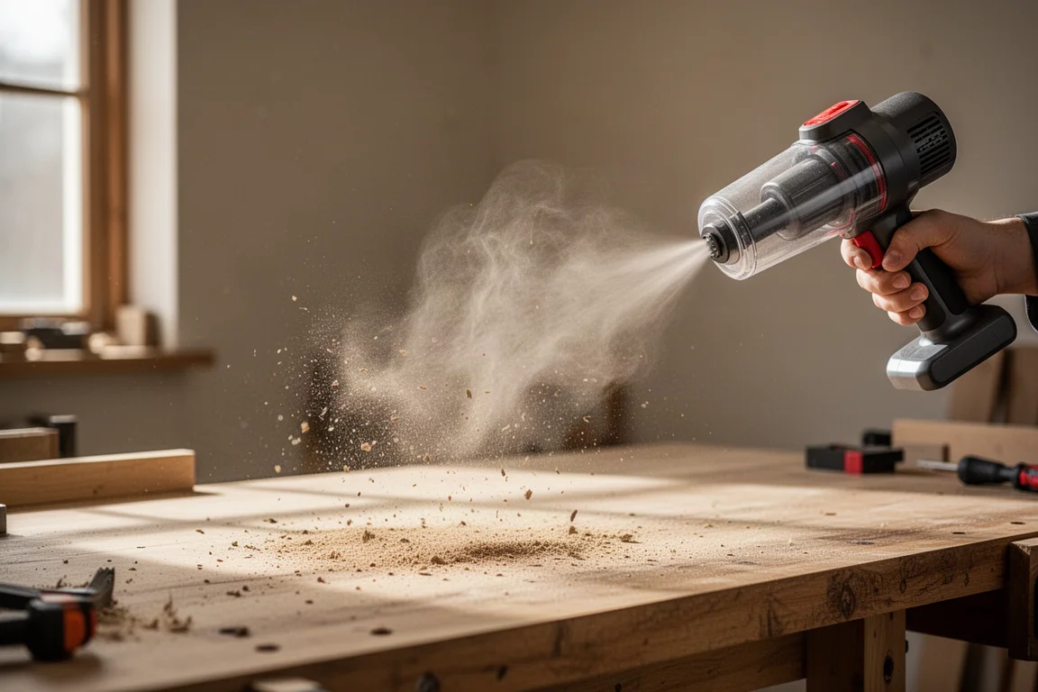 Un duster senza fili che soffia via polvere e segatura dalla superficie di un banco di lavoro