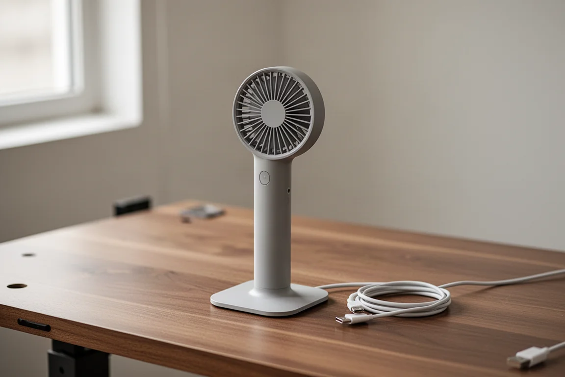 Il Wolfbox MF200 appoggiato piatto su un banco di lavoro accanto a un cavo di ricarica USB-C