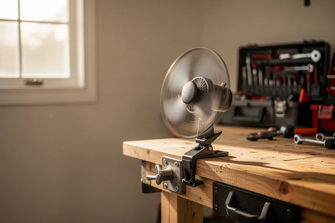 Kleiner Klemm-Ventilator an einem Werkbankregal in einer warmen Garage festgeklemmt
