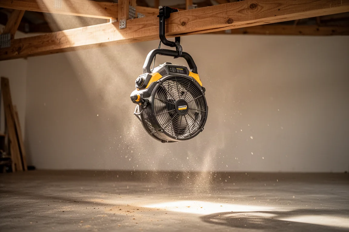 Mittelgroßer Arbeits-Ventilator hängt auf einer Baustelle an einem Holz Sparren
