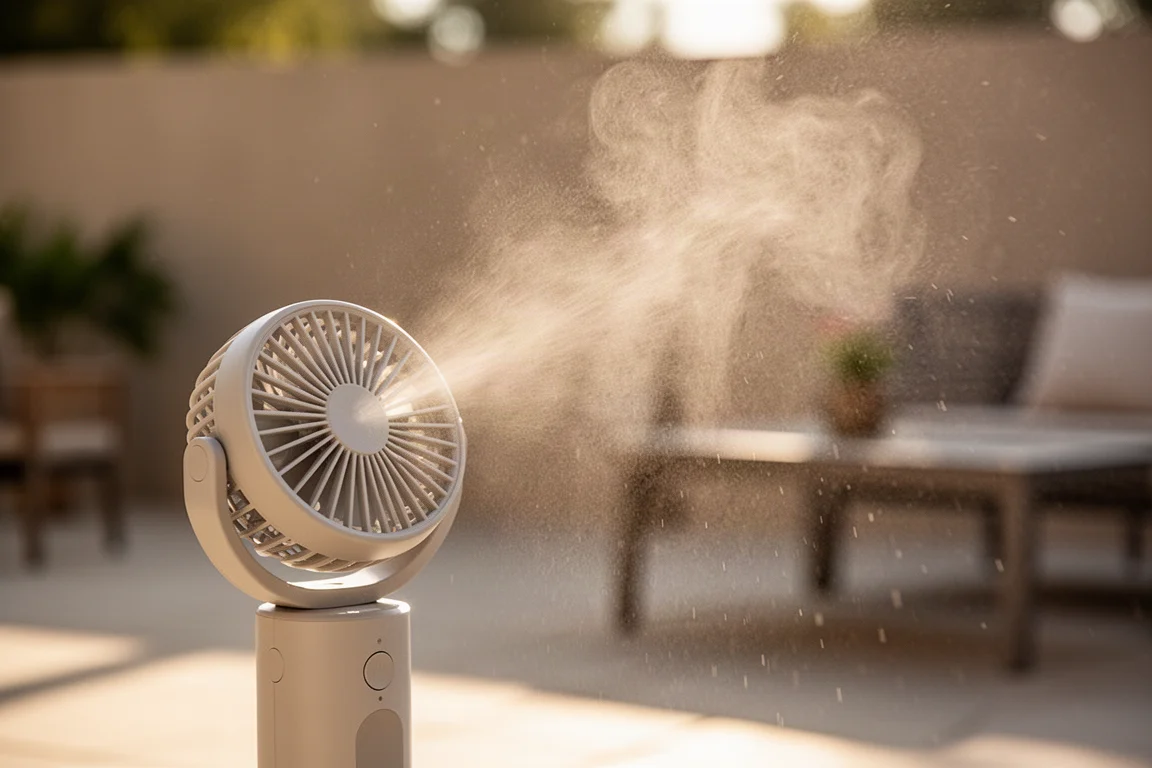 Kompakter Mist-Ventilator versprüht an einem heißen Tag feinen Wassernebel