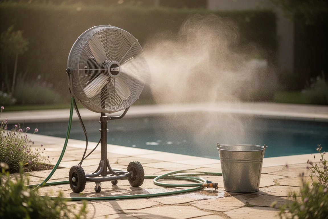 Großer Mist-Ventilator mit Lenkrollen auf einer sonnigen Terrasse aufgestellt