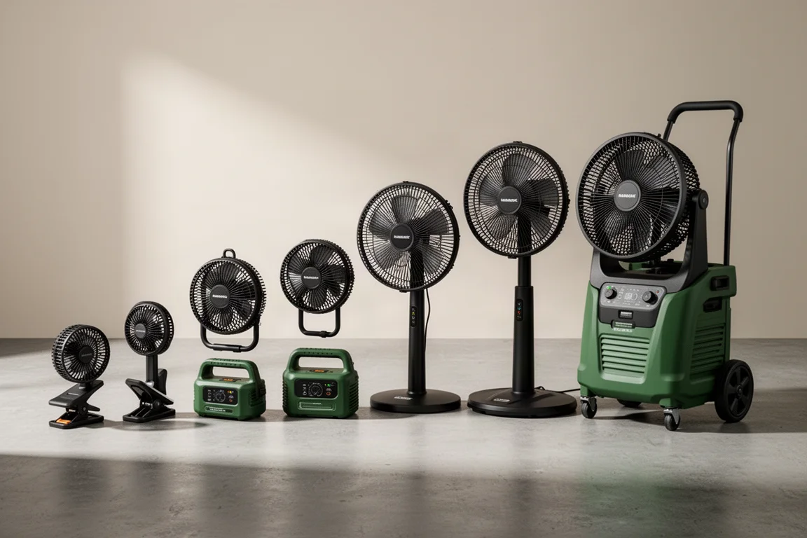 Reihe von acht tragbaren kabellosen Arbeits-Ventilatoren in steigender Größe auf einer Betonfläche