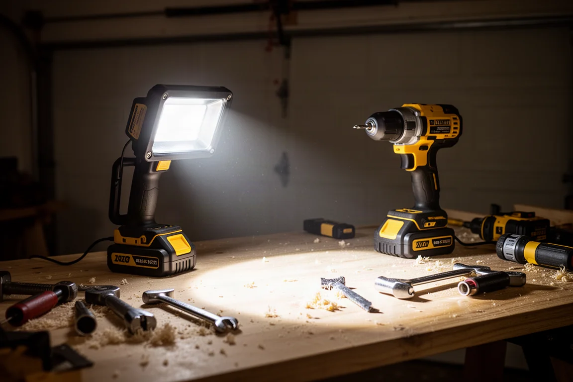 Accu-floodlight verlicht 's nachts een donkere garage-workbench