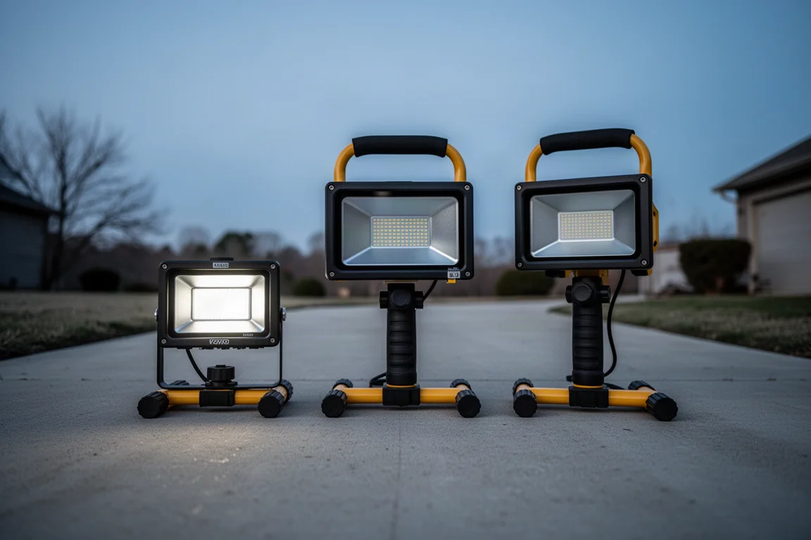 Drie werklampen staan op beton klaar voor een vergelijkende test in de nacht
