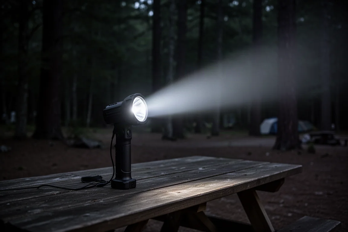 Handzaklamp staat overeind op een picknicktafel op een kampeerterrein