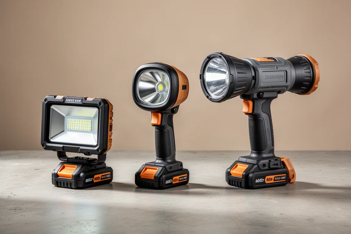 Three cordless work lights lined up on a concrete surface