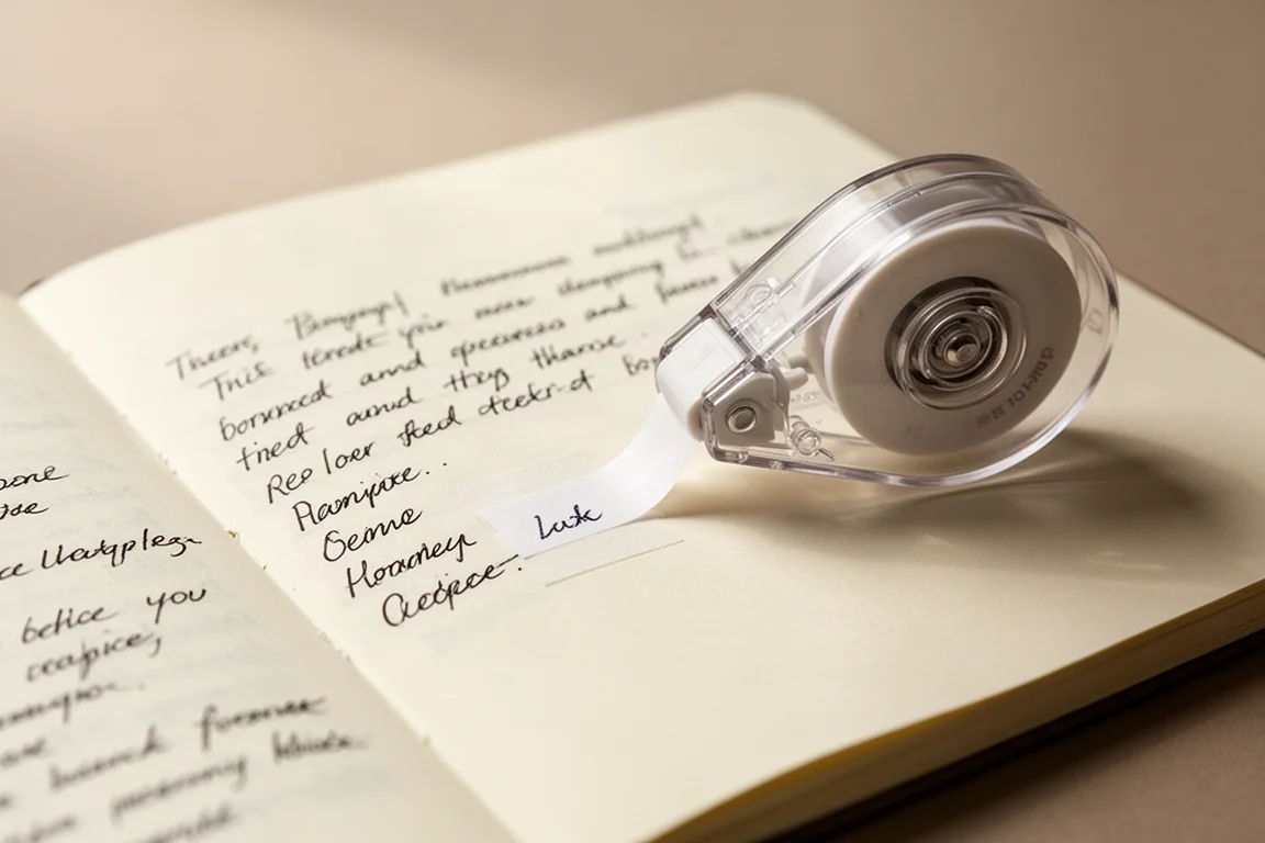 Open notebook with neat handwriting and a correction tape applying a clean patch over a mistake