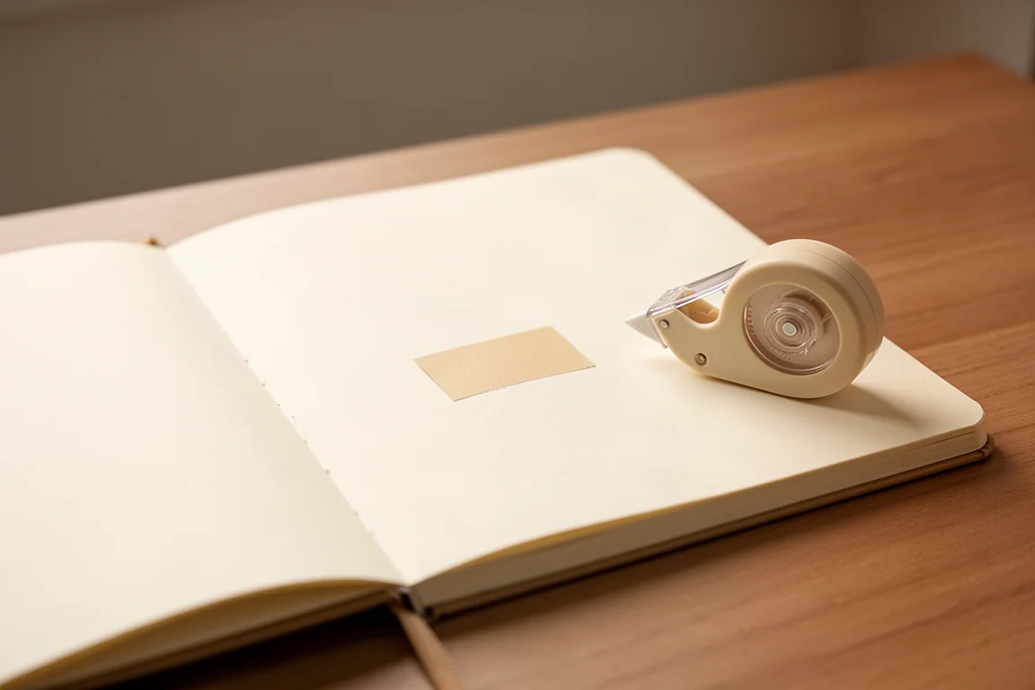 Cream-colored notebook pages with a matching cream correction tape applied cleanly