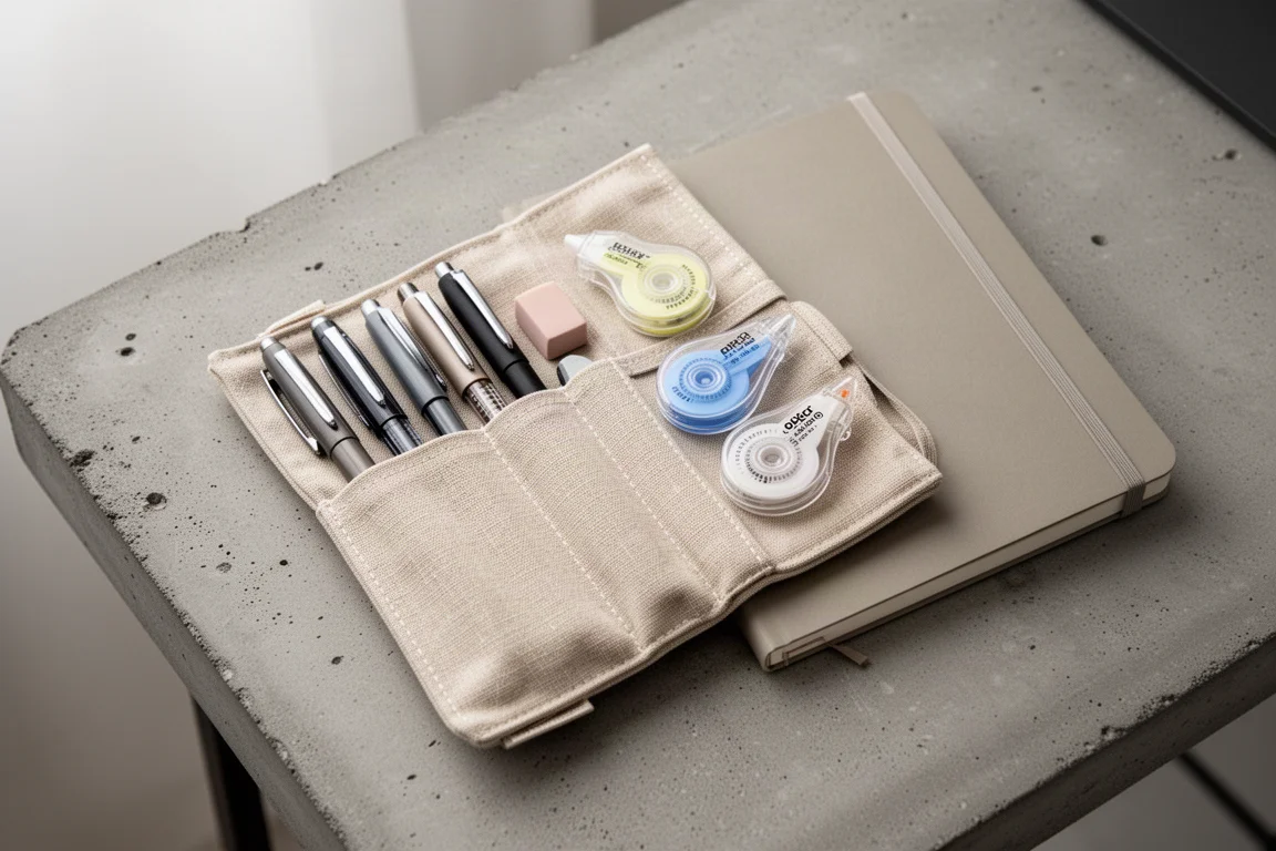Pen case open on a desk with correction tapes and pens neatly arranged