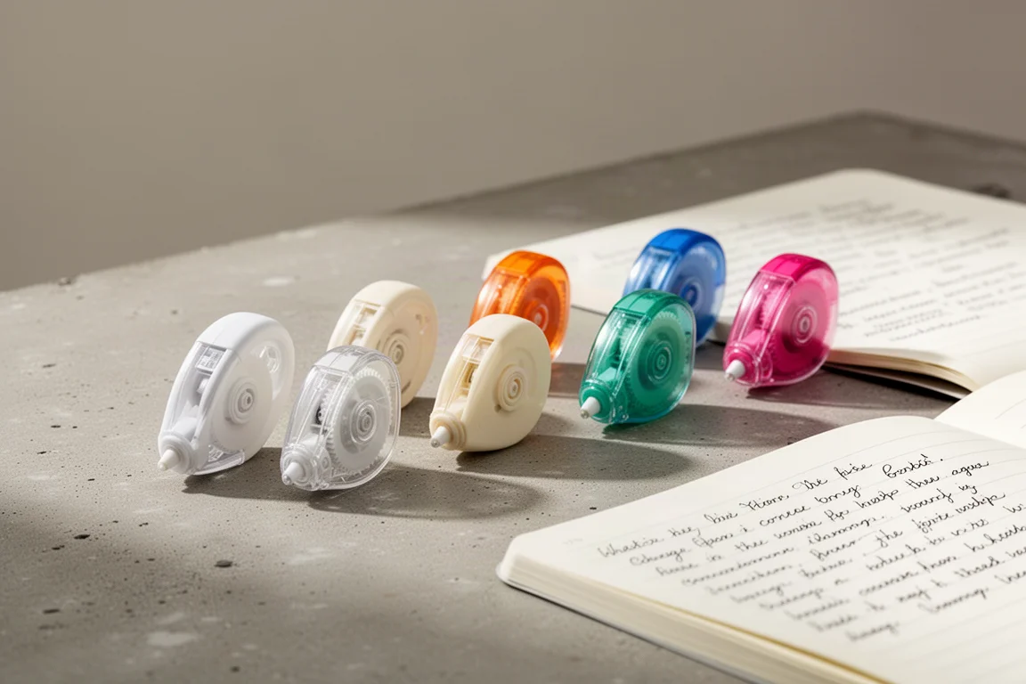 Assorted correction tape dispensers arranged beside an open notebook on a concrete surface