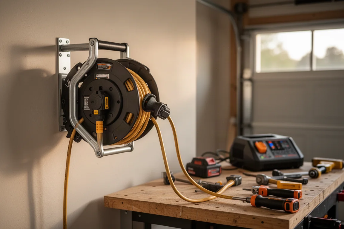 Carrete de cable de extensión montado en la pared de un garaje