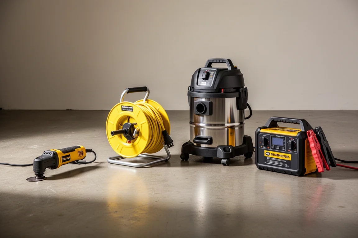 Oscillating multi-tool, cord reel, stainless shop vac and jump starter on a concrete garage floor
