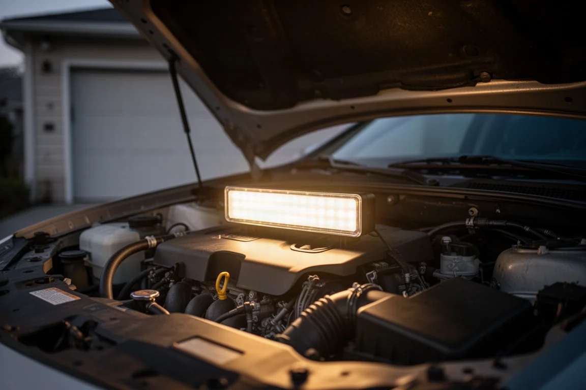Barra de luz LED portátil iluminando o compartimento do motor de um carro